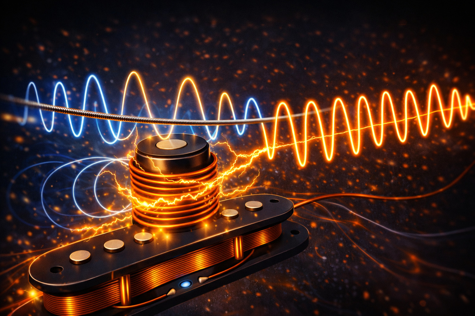 Illustration of the pickup electrical signal matching the string vibration frequency.