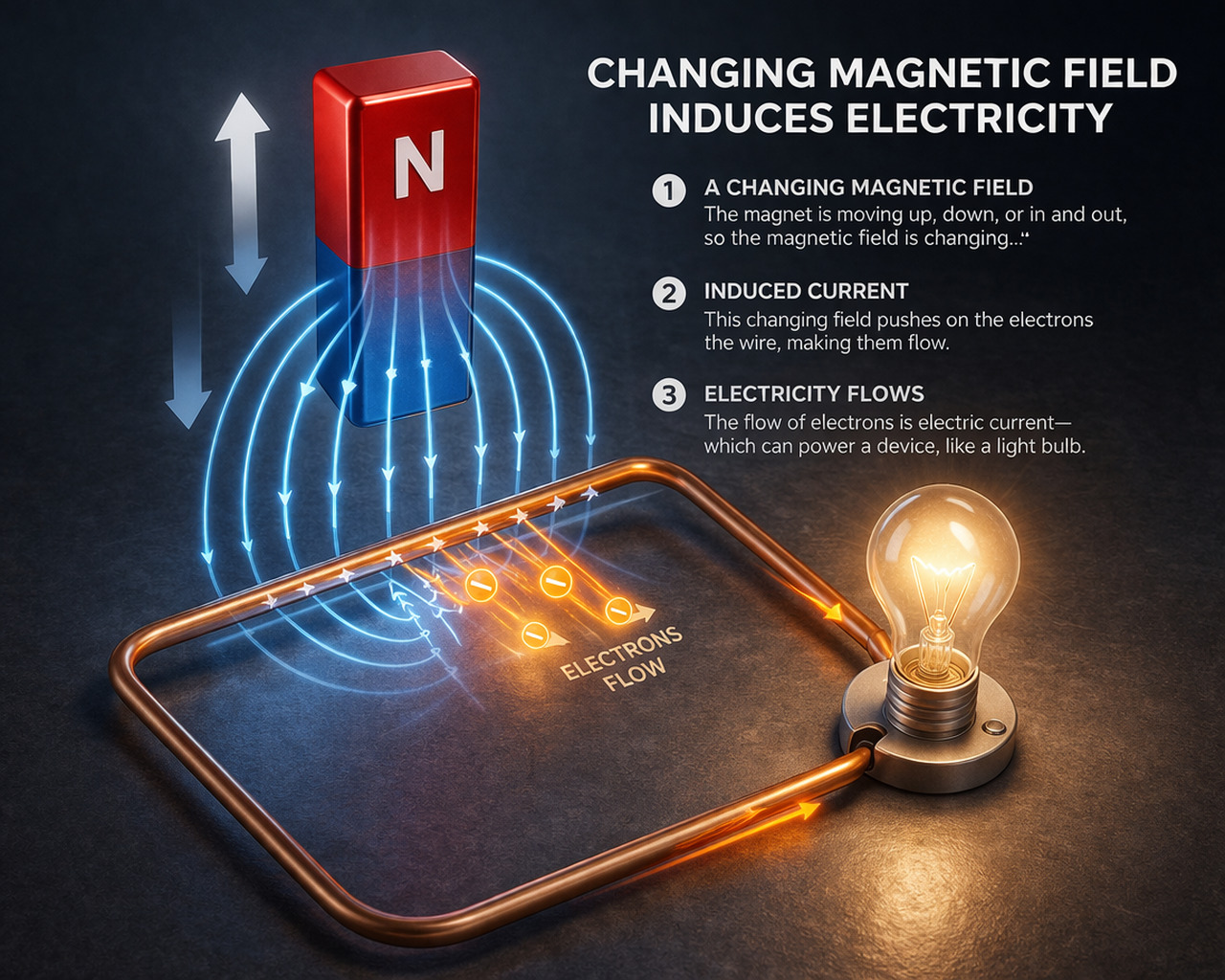 Illustration of changing magnetic fields creating an electrical current.