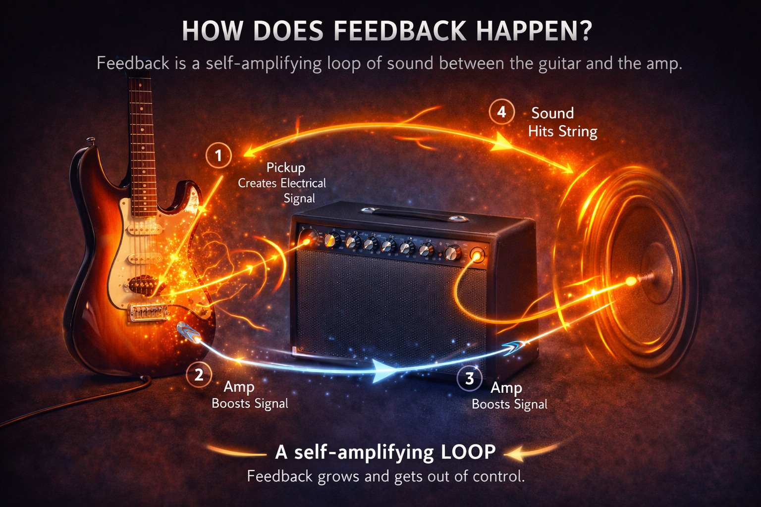 Illustration of amplifier feedback re-exciting the strings.