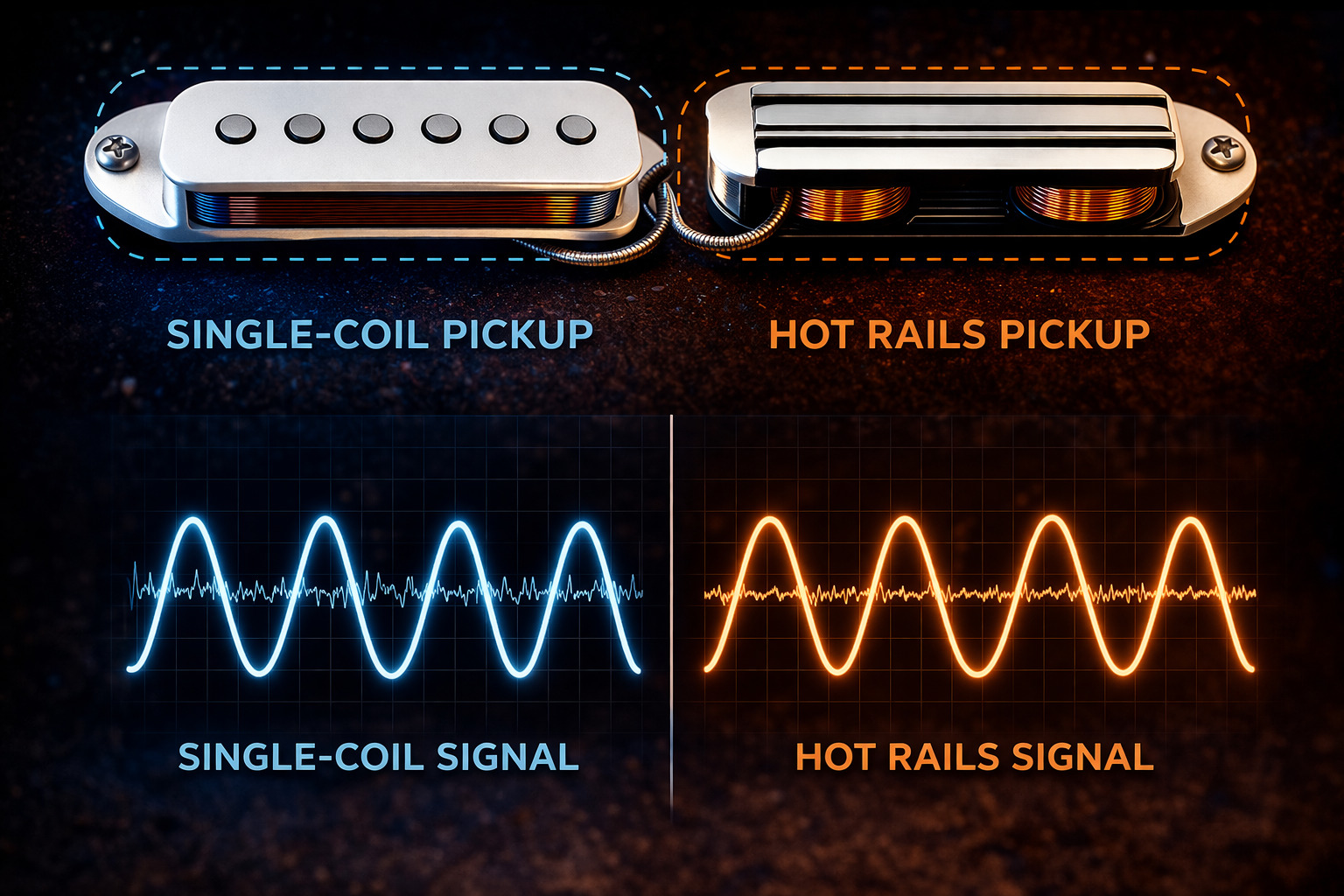 Illustration comparing a hot rail pickup to a standard single-coil size.