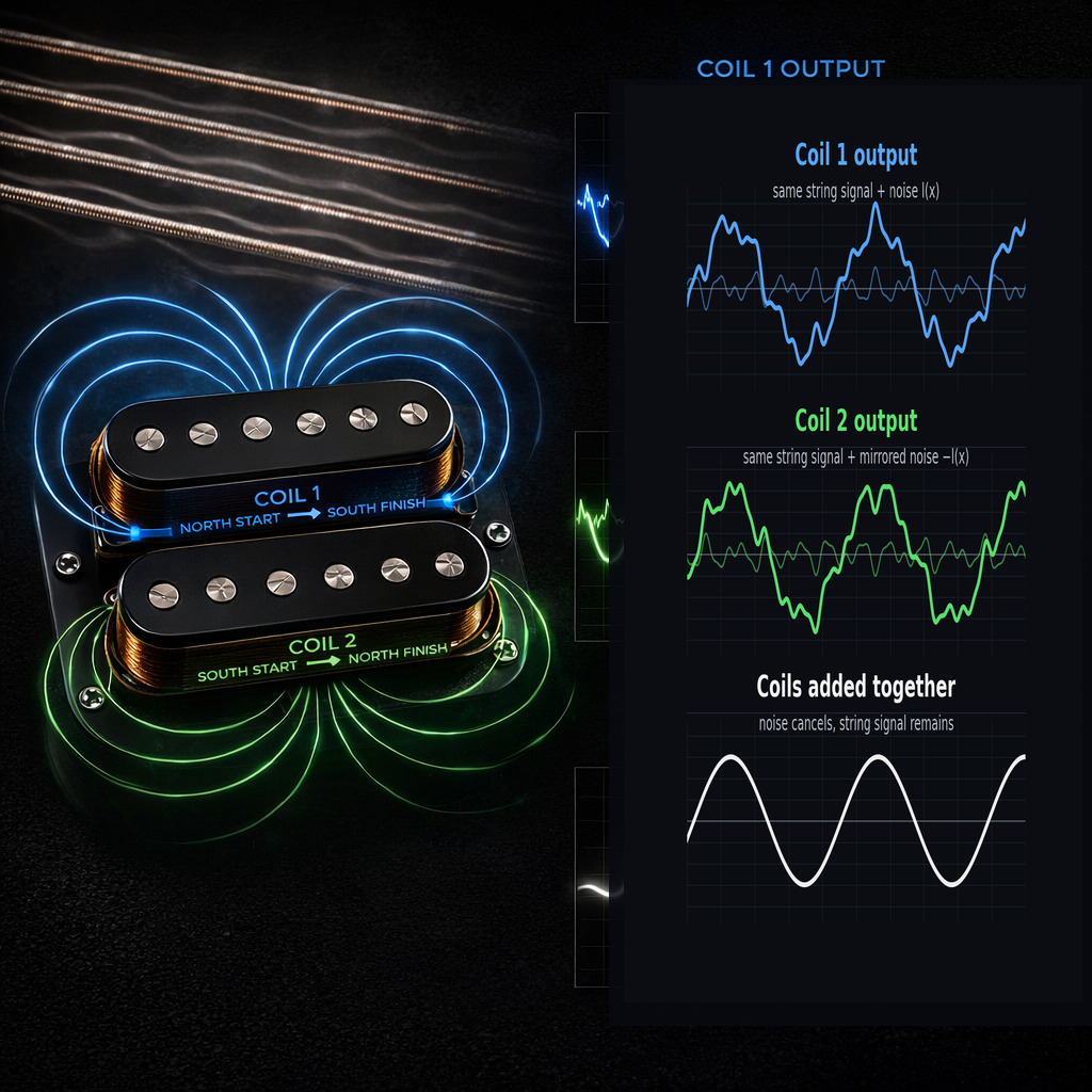 Illustration showing opposite coil winding and polarity for hum cancellation.