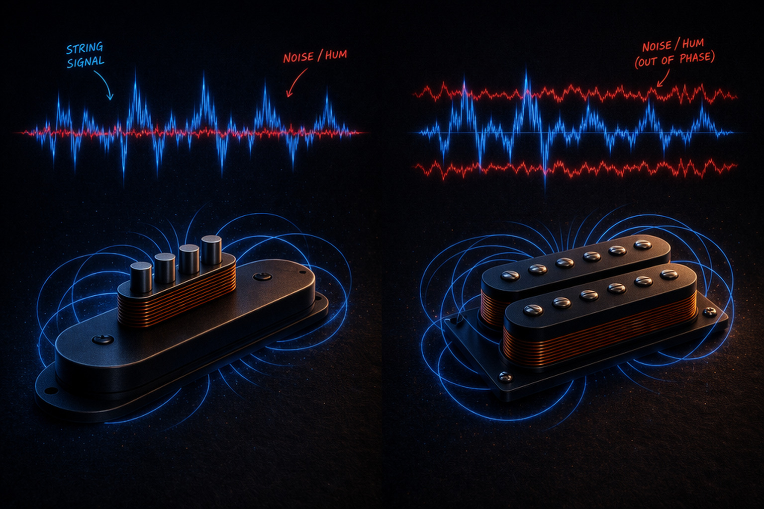 Illustration showing a humbucker using two coils to cancel noise.