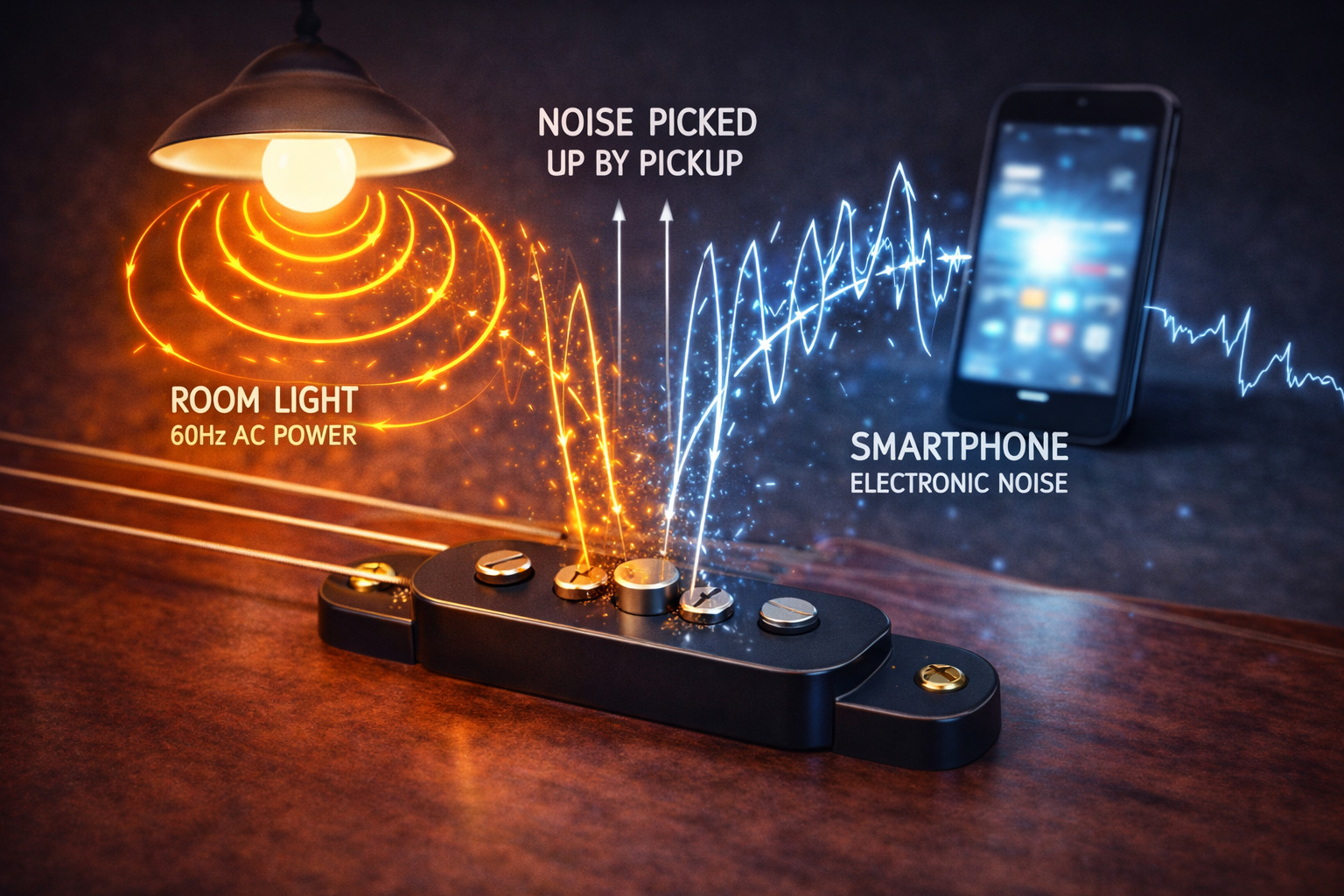 Illustration of environmental noise and interference affecting guitar pickups.