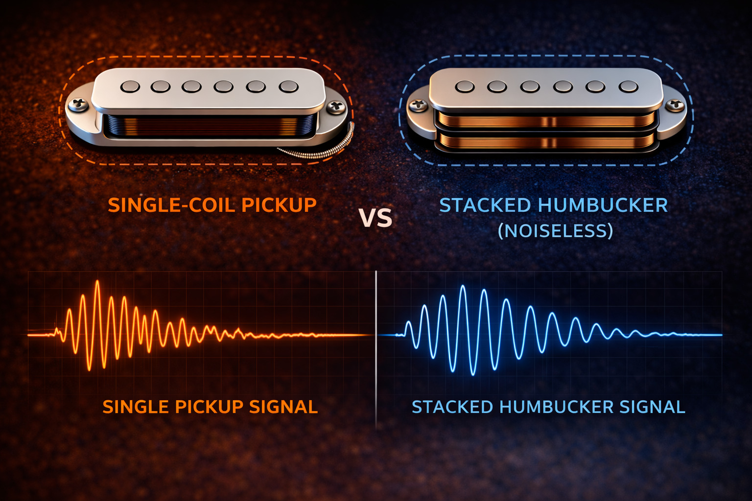 Illustration showing a noiseless single coil or stacked humbucker design.