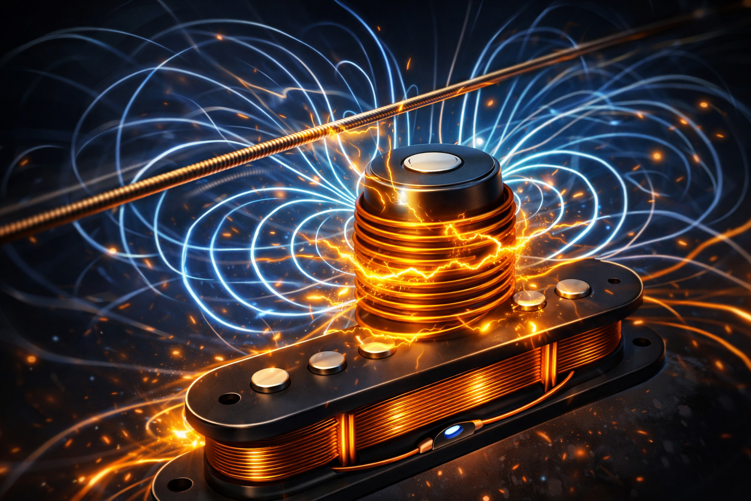 Illustration of a pickup magnet wrapped in wire producing electrical current.