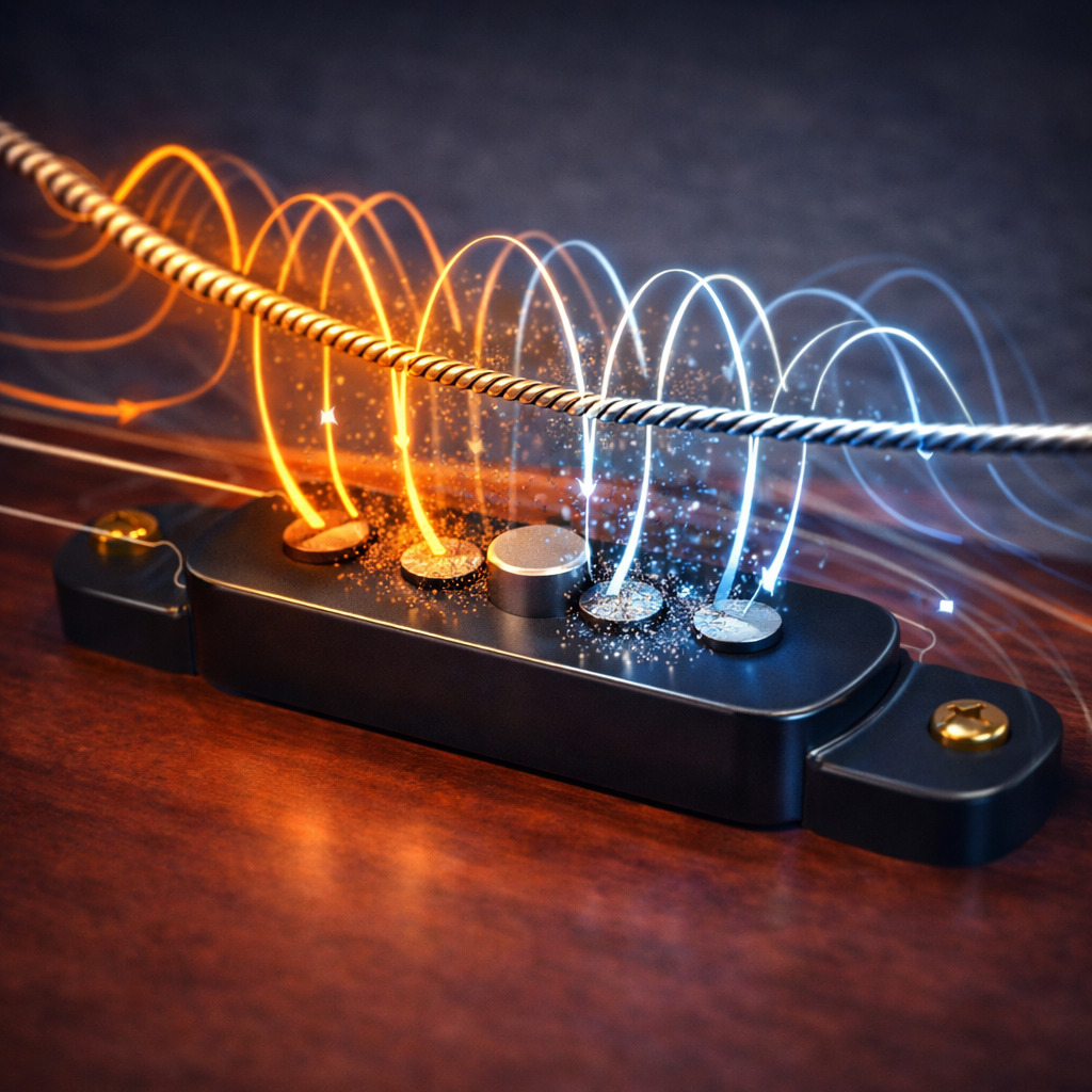 Illustration of ferromagnetic strings changing the pickup magnetic field.
