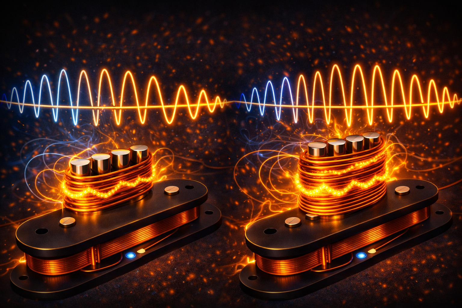 Illustration showing how pickup wire turns affect the electrical signal and tone.